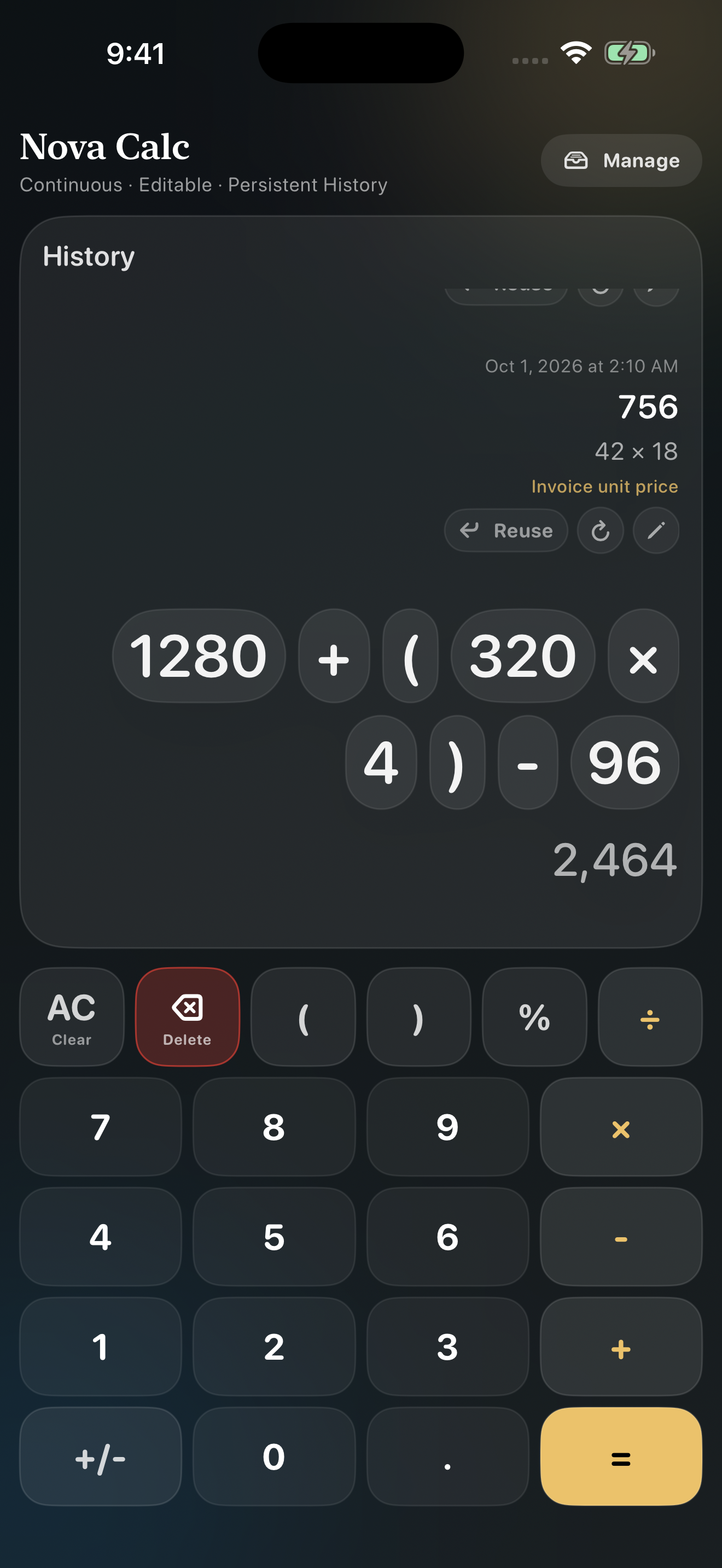 Nova Calc showing an editable calculation above its keypad