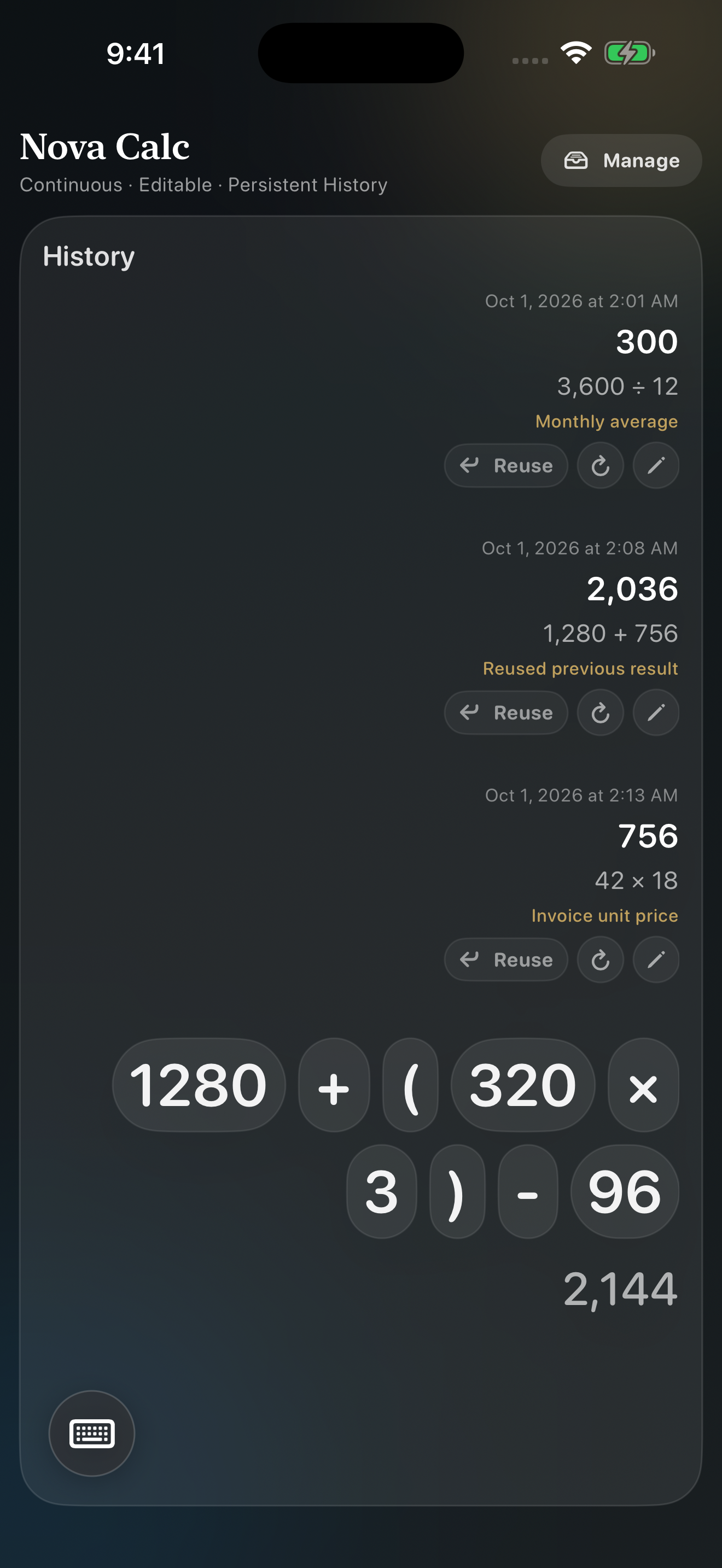 Nova Calc full-height history with timestamps, notes and the floating keyboard button